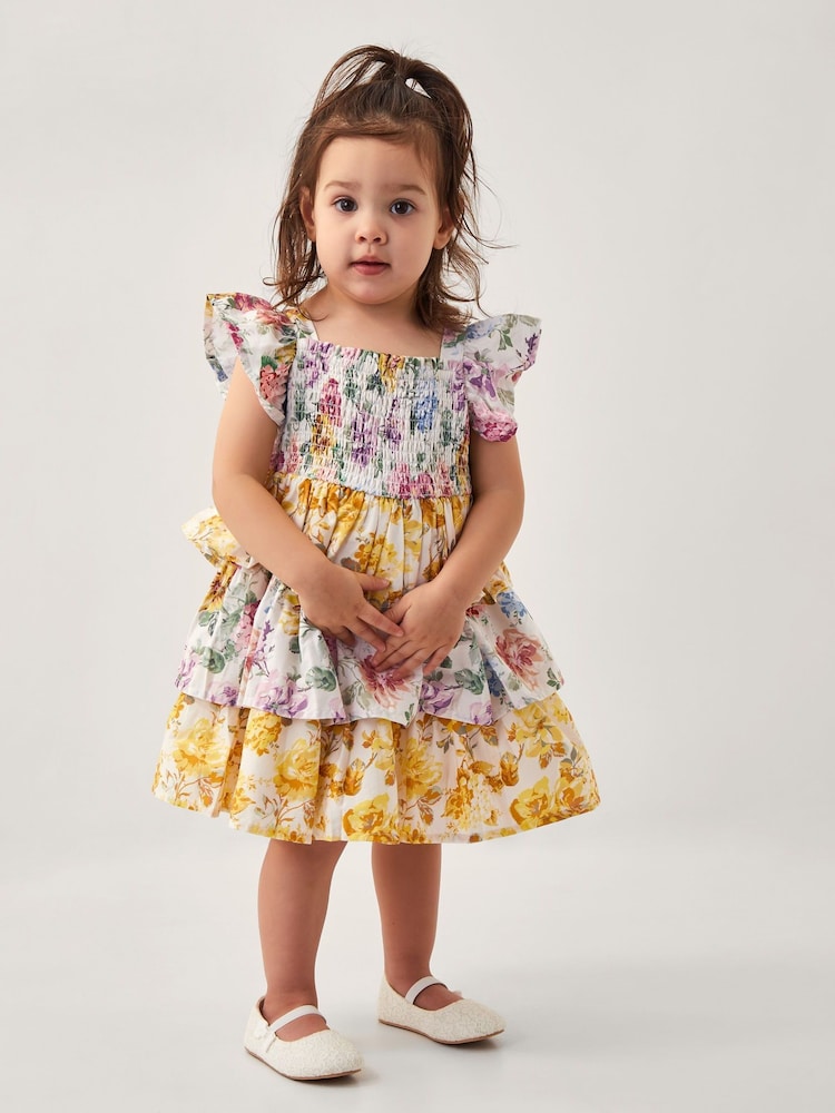 Monsoon Yellow Baby Floral Print Puff Sleeve Tiered 100% Cotton Dress - Image 1 of 4