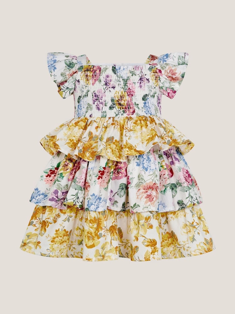 Monsoon Yellow Baby Floral Print Puff Sleeve Tiered 100% Cotton Dress - Image 2 of 4