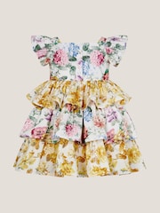 Monsoon Yellow Baby Floral Print Puff Sleeve Tiered 100% Cotton Dress - Image 3 of 4