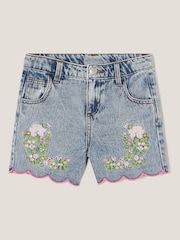Monsoon Blue Sequin Floral Print Embroidered 100% Cotton Denim Shorts - Image 1 of 3