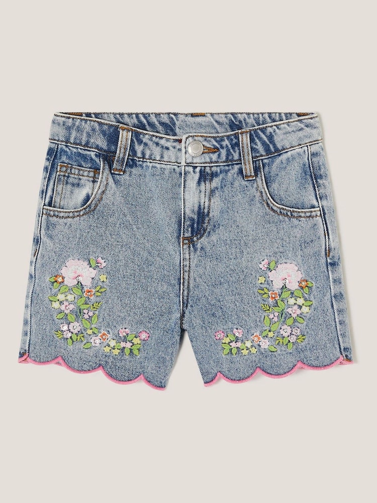 Monsoon Blue Sequin Floral Print Embroidered 100% Cotton Denim Shorts - Image 1 of 3