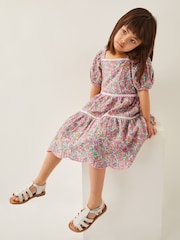 Monsoon Pink Broderie Floral Puff-Sleeve 100% Cotton Dress - Image 1 of 4