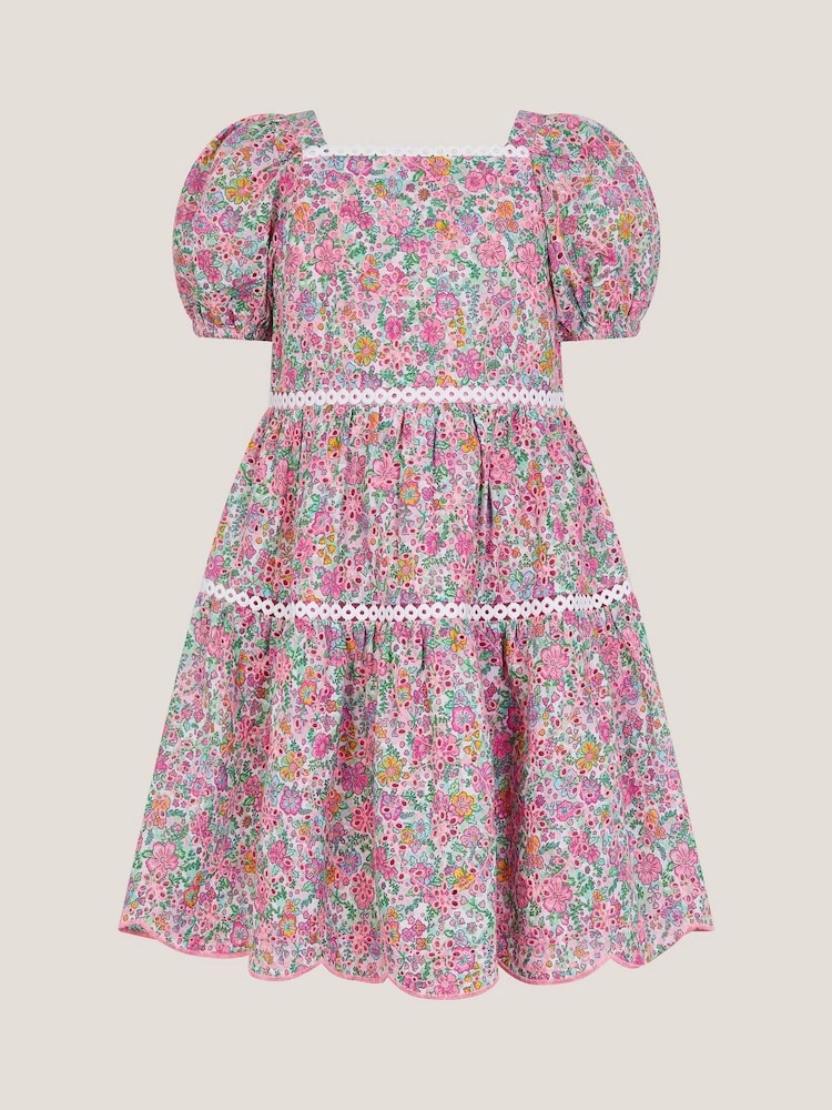 Monsoon Pink Broderie Floral Puff-Sleeve 100% Cotton Dress - Image 2 of 4