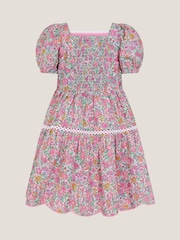 Monsoon Pink Broderie Floral Puff-Sleeve 100% Cotton Dress - Image 3 of 4