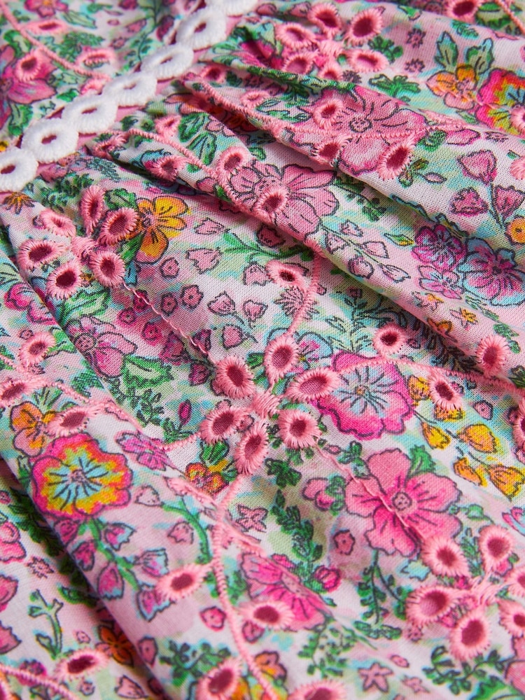 Monsoon Pink Broderie Floral Puff-Sleeve 100% Cotton Dress - Image 4 of 4