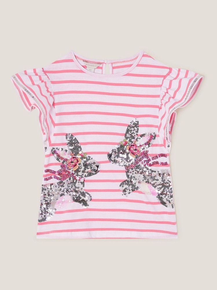 Monsoon Pink Sequin Bunny Stripe 100% Cotton T-Shirt - Image 1 of 3 Monsoon Pink Sequin Bunny Stripe 100% Cotton T-Shirt - Image 1 of 3