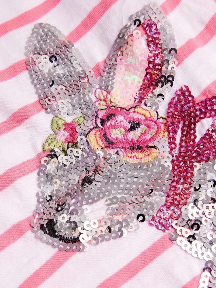 Monsoon Pink Sequin Bunny Stripe 100% Cotton T-Shirt - Image 3 of 3 Monsoon Pink Sequin Bunny Stripe 100% Cotton T-Shirt - Image 3 of 3