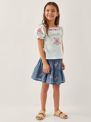 Monsoon Blue Floral Embroidered Rara 100% Cotton Skirt - Image 1 of 4