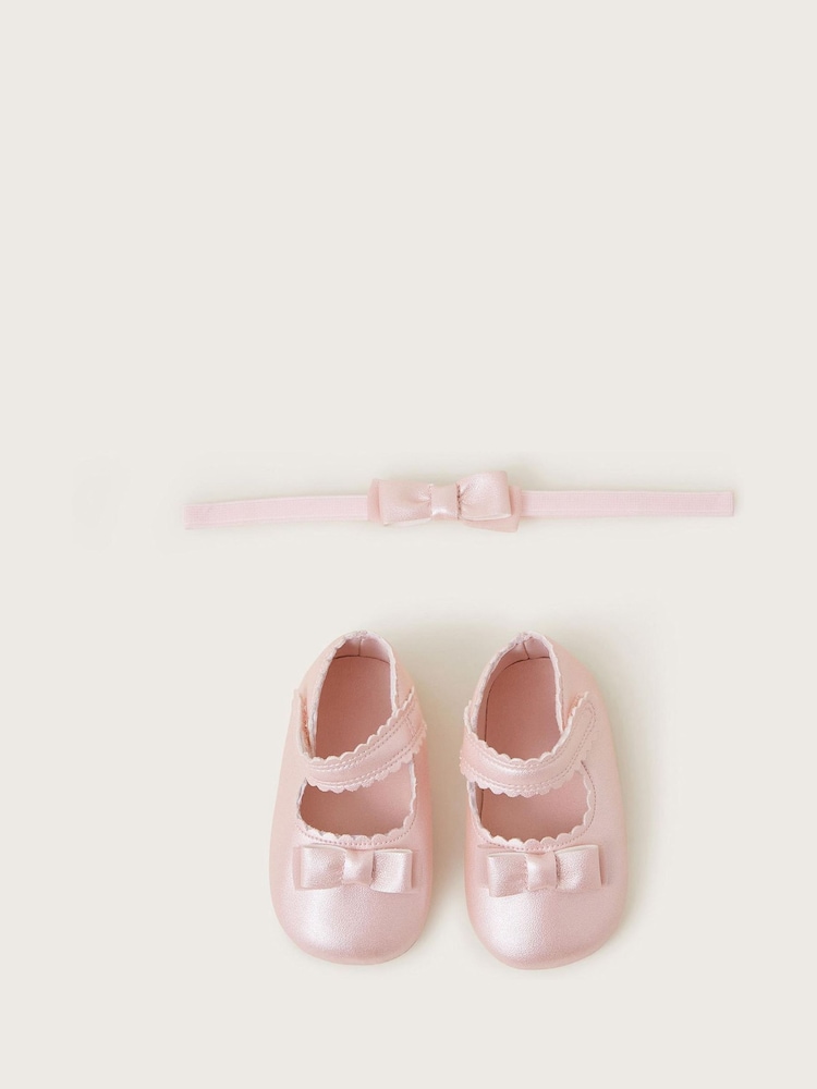 Monsoon Pink Baby Shimmer Booties and Bow Headband Set - Image 1 of 2
