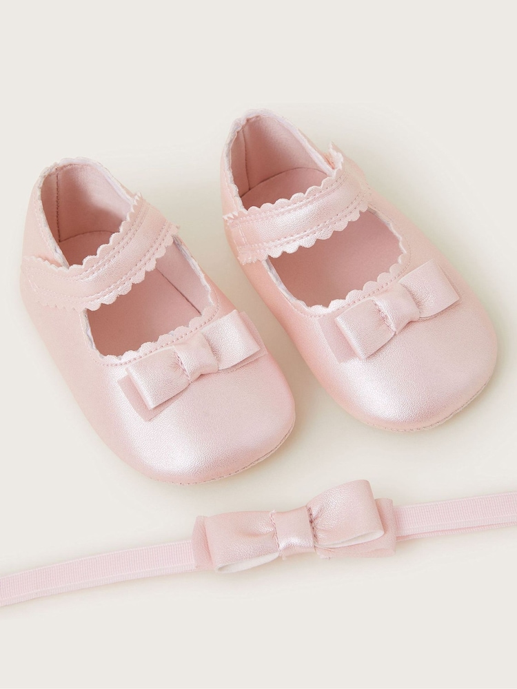Monsoon Pink Baby Shimmer Booties and Bow Headband Set - Image 2 of 2