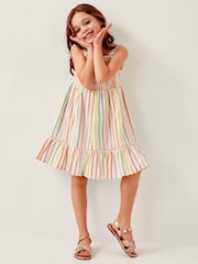 Monsoon Cream Strappy Stripe Smocked Dress - Image 1 of 4