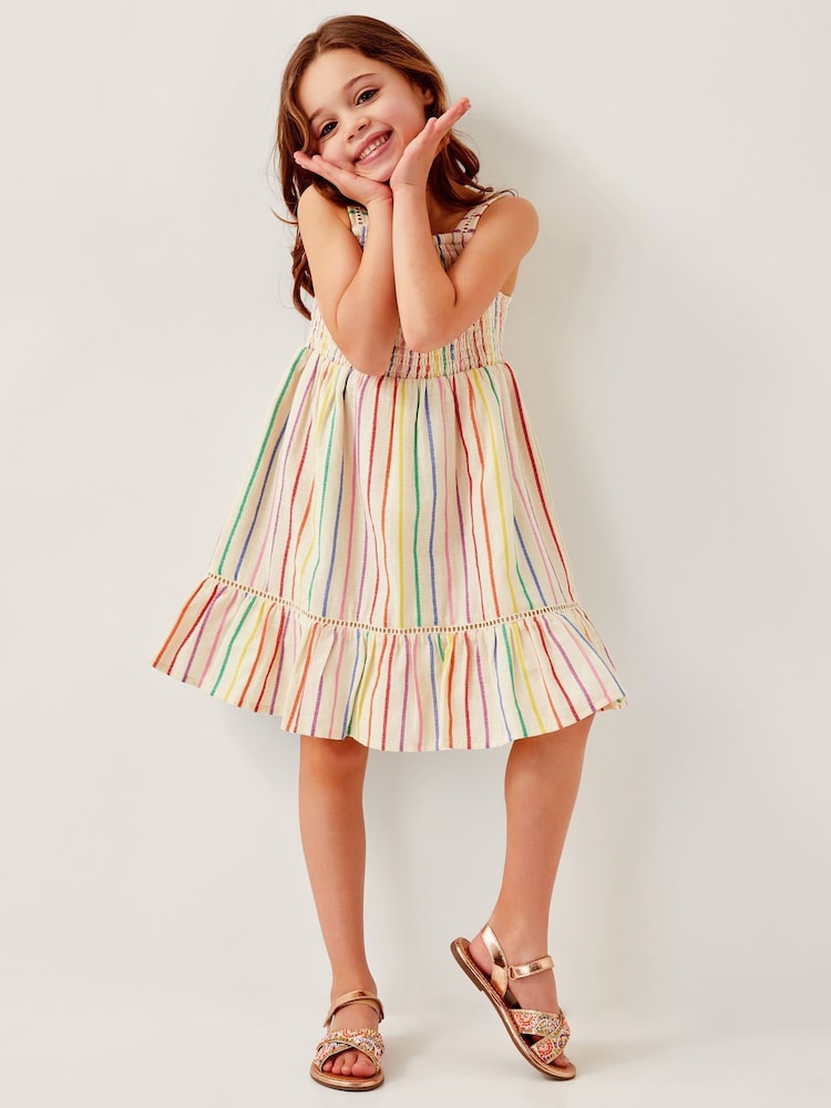 Monsoon Cream Strappy Stripe Smocked Dress - Image 1 of 4