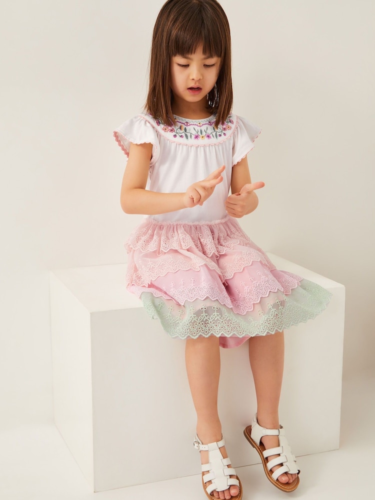Monsoon Pink Floral Embroidered Tiered Disco Dress - Image 1 of 4