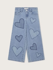Monsoon Blue Heart Embroidered Wide Leg 100% Cotton Jeans - Image 1 of 3