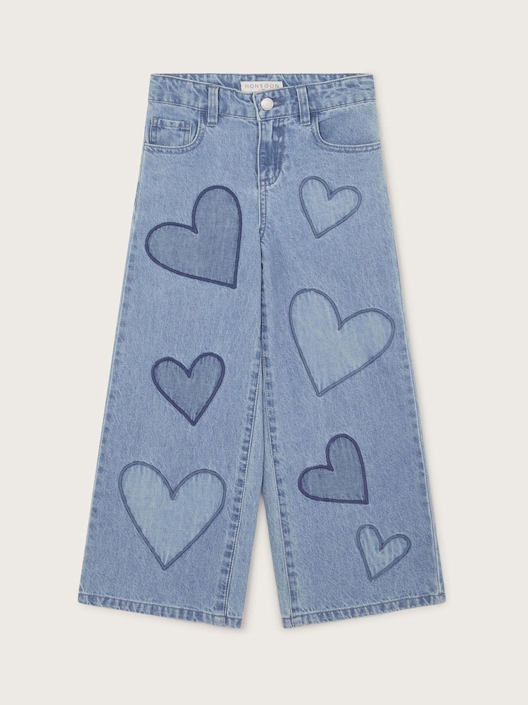 Monsoon Blue Heart Embroidered Wide Leg 100% Cotton Jeans - Image 1 of 3