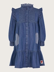 Monsoon Blue Long Sleeve Ruffle Heart Denim 100% Cotton Dress - Image 1 of 3