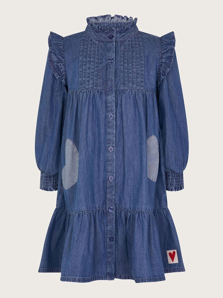 Monsoon Blue Long Sleeve Ruffle Heart Denim 100% Cotton Dress - Image 1 of 3