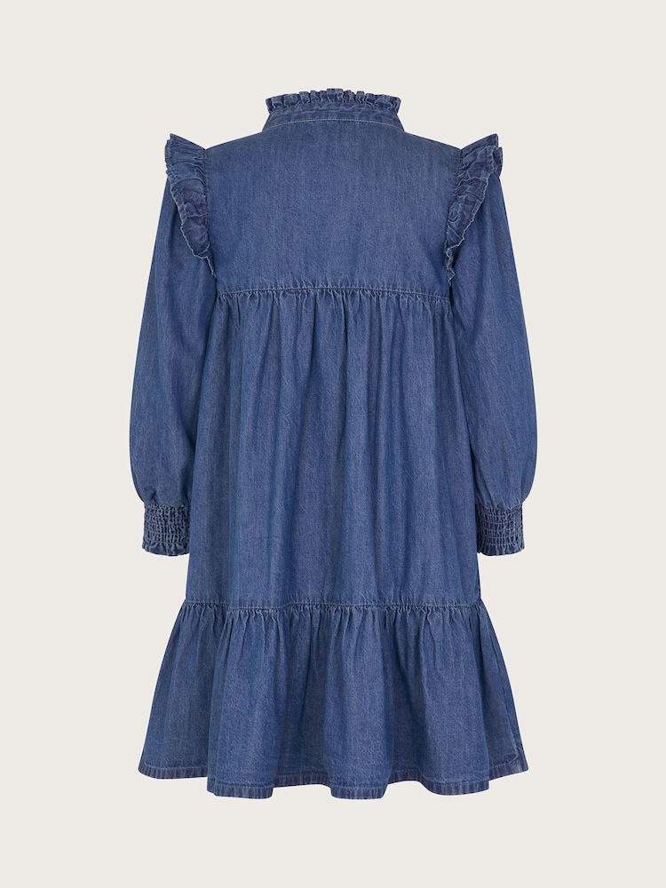 Monsoon Blue Long Sleeve Ruffle Heart Denim 100% Cotton Dress - Image 2 of 3