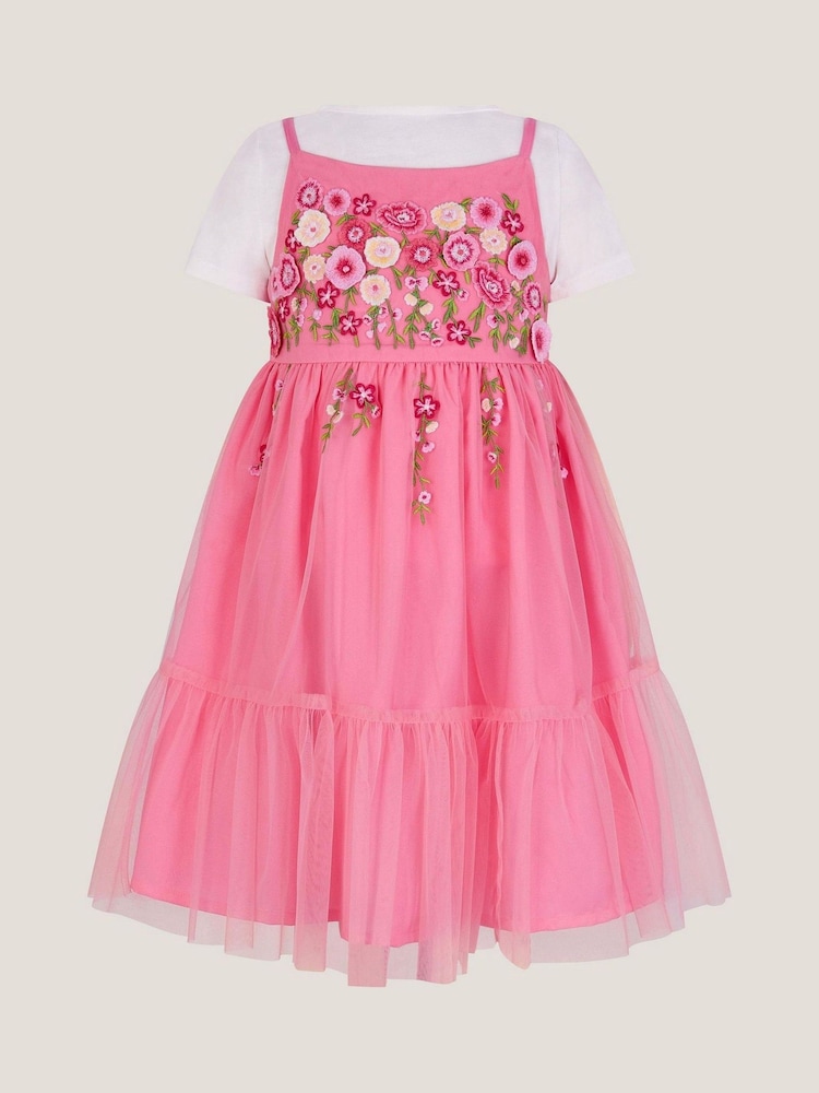 Monsoon Pink Floral Embroidered Tulle Dress and T-Shirt Set - Image 1 of 3