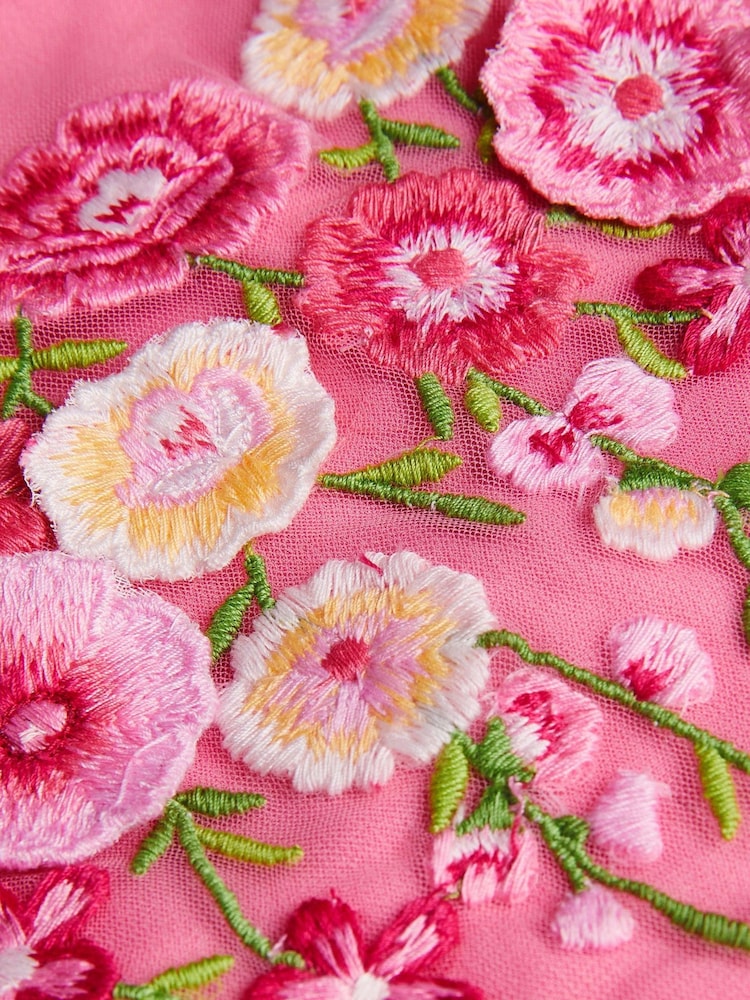 Monsoon Pink Floral Embroidered Tulle Dress and T-Shirt Set - Image 3 of 3