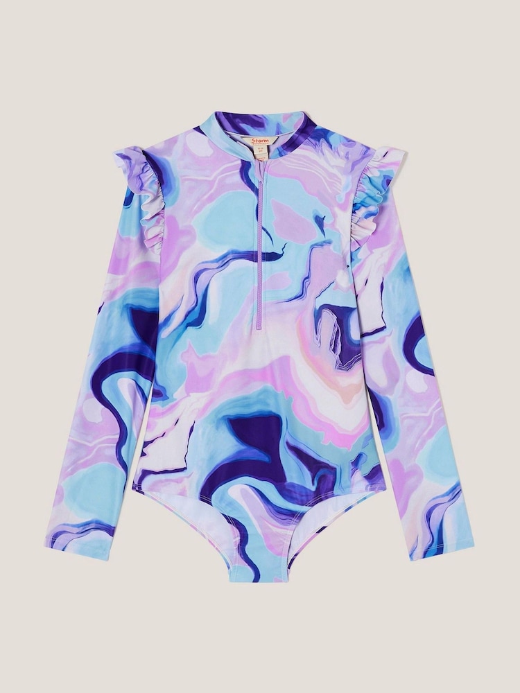 Monsoon Blue Marble UPF 50+ Long Sleeve Swimsuit - Image 1 of 3