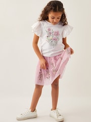 Monsoon Pink Floral Embroidered 100% Cotton T-Shirt and Tulle Skirt Set - Image 1 of 4