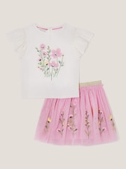 Monsoon Pink Floral Embroidered 100% Cotton T-Shirt and Tulle Skirt Set - Image 2 of 4