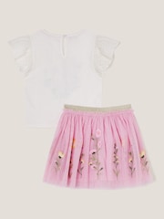 Monsoon Pink Floral Embroidered 100% Cotton T-Shirt and Tulle Skirt Set - Image 3 of 4