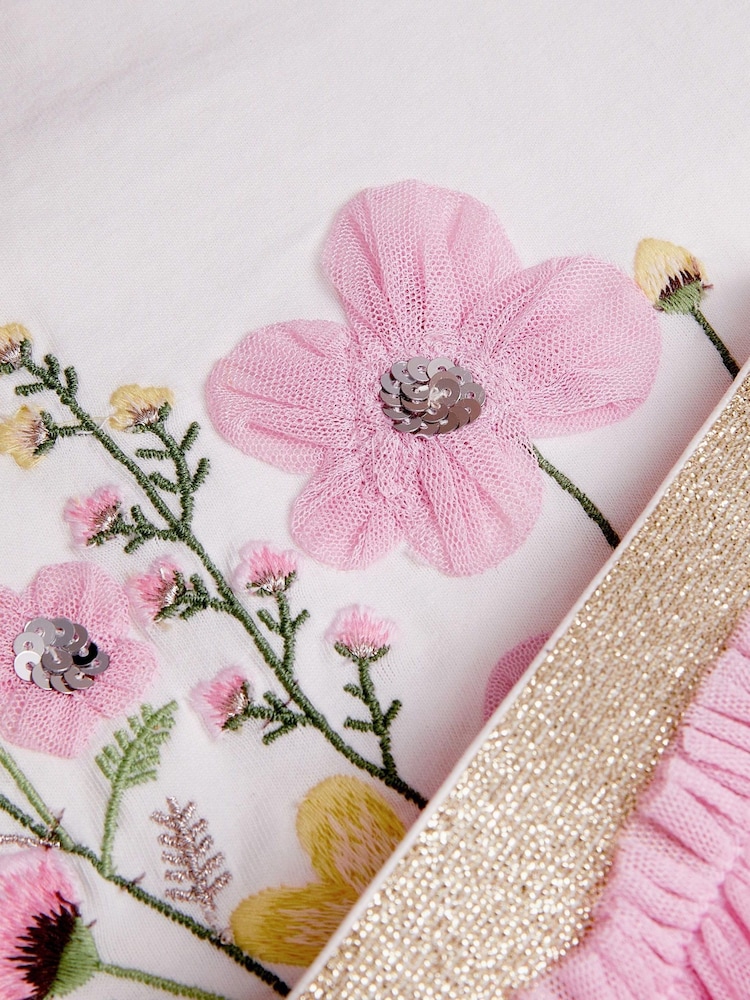 Monsoon Pink Floral Embroidered 100% Cotton T-Shirt and Tulle Skirt Set - Image 4 of 4