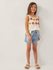 Monsoon Blue Floral Embroidered Belted Denim Shorts - Image 1 of 4