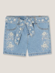 Monsoon Blue Floral Embroidered Belted Denim Shorts - Image 2 of 4