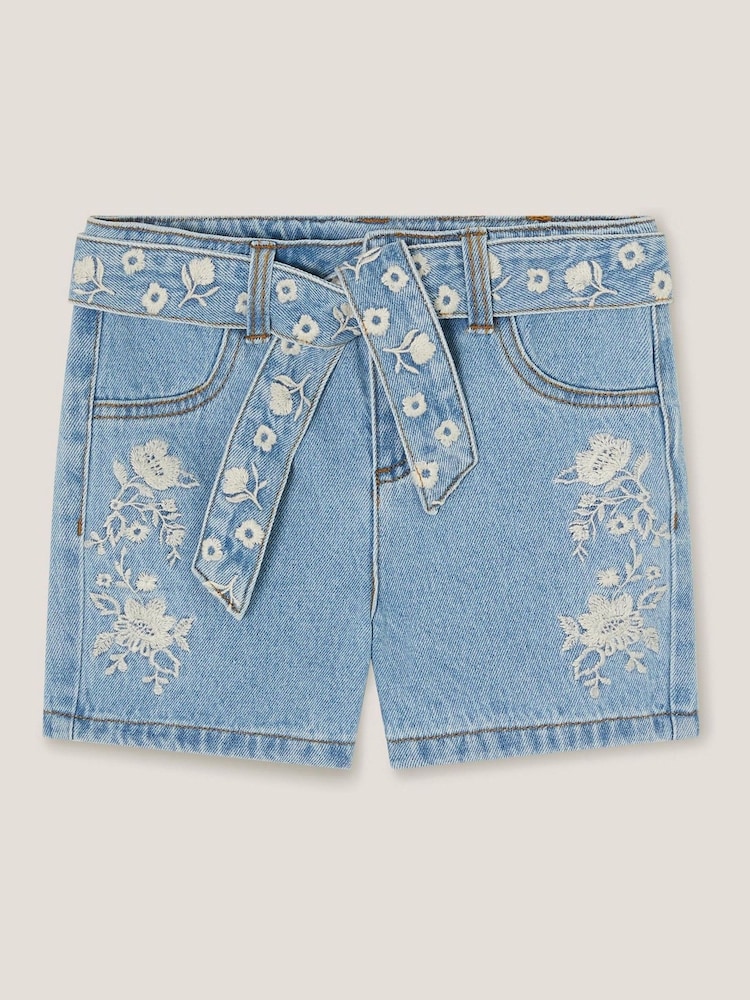Monsoon Blue Floral Embroidered Belted Denim Shorts - Image 2 of 4