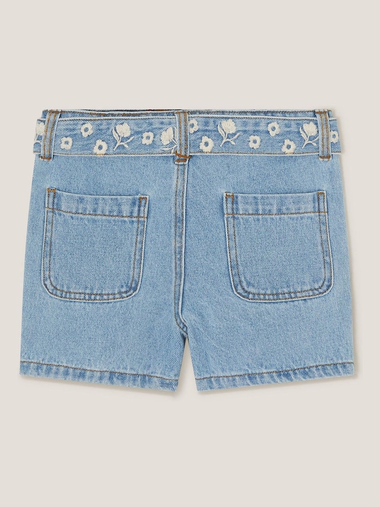 Monsoon Blue Floral Embroidered Belted Denim Shorts - Image 3 of 4