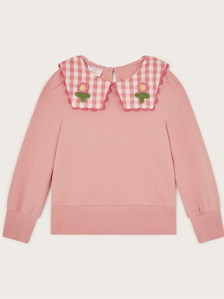 Monsoon Pink Floral Gingham Collar Sweatshirt - Image 1 of 3