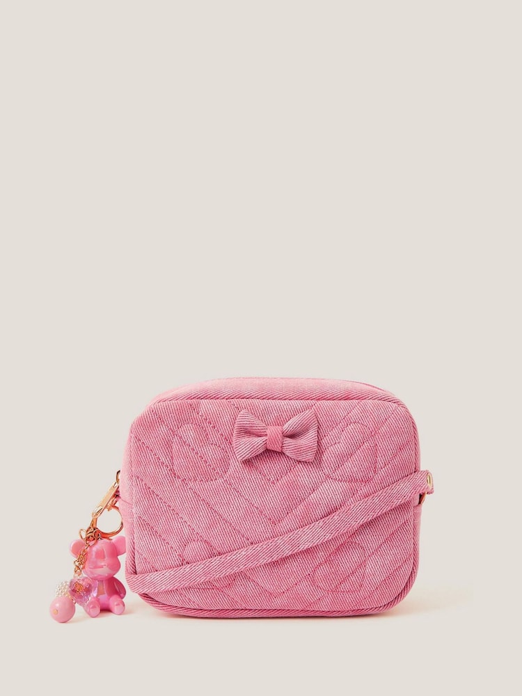 Monsoon Pink Heart Quilted Denim Cross-Body Bag - Image 1 of 4