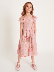 Monsoon Pink Tia Rose Print Chiffon Culotte Jumpsuit - Image 1 of 4