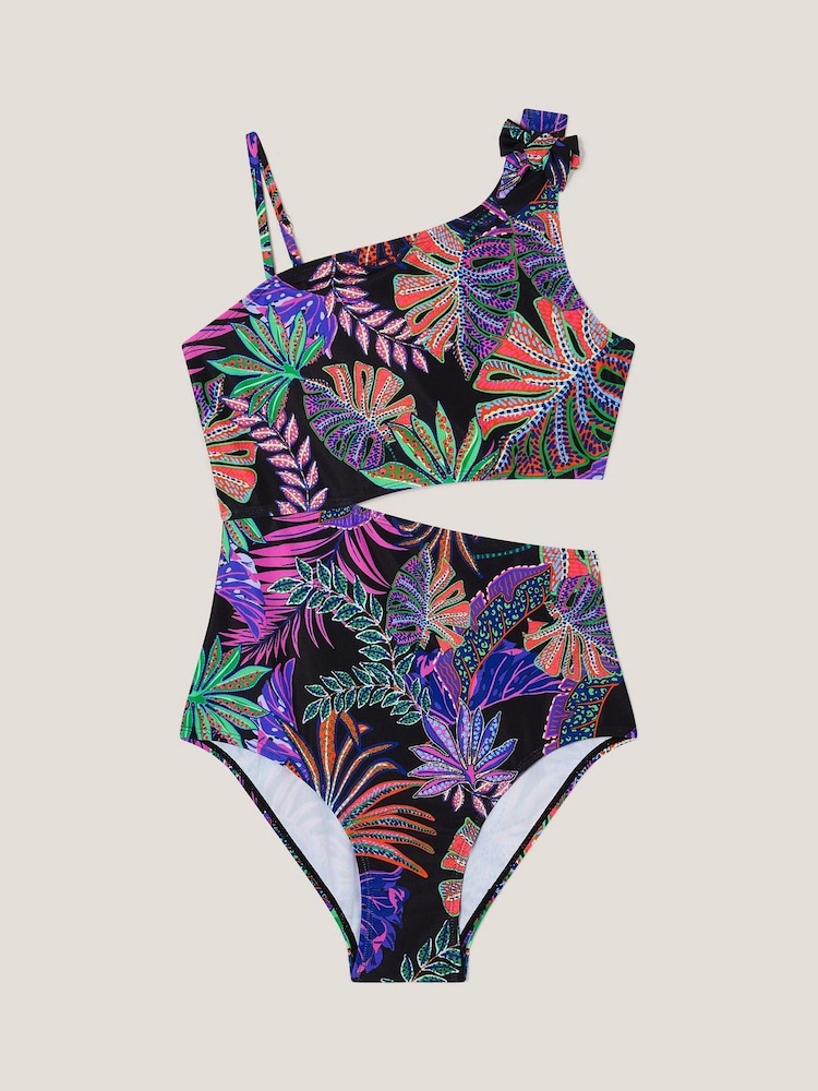 Monsoon Black Tropical Print Asymmetrical Cut-Out Swimsuit - Image 1 of 3