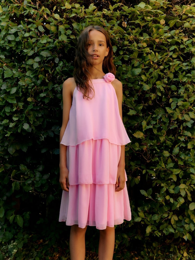 VERO MODA Pink Girls Tiered Ruffle Dress With Rose Corsage Detail - Image 1 of 6 VERO MODA Pink Girls Tiered Ruffle Dress With Rose Corsage Detail - Image 1 of 6