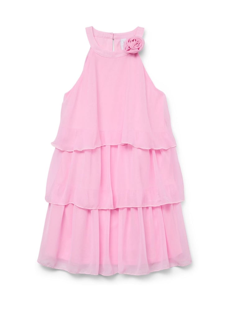 VERO MODA Pink Girls Tiered Ruffle Dress With Rose Corsage Detail - Image 4 of 5