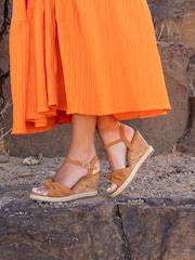 Novo Brown Wide Fit Bloom Knot Cork Wedge Sandals - Image 1 of 6