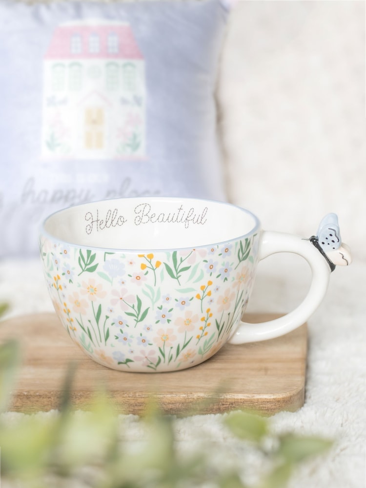Something Different White Hello Beautiful Ditsy Floral Print Mug with Butterfly - Image 1 of 6