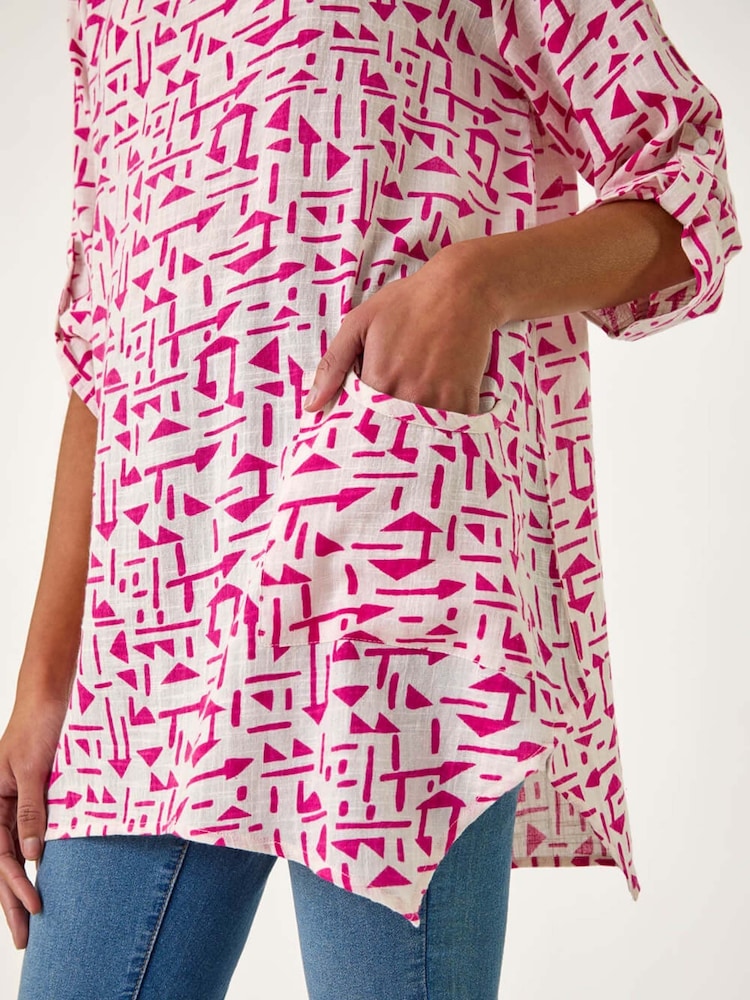 Roman Pink Absract Print Longline 100% Cotton Top - Image 1 of 5