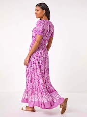 Roman Pink Printed Shirred Waist Maxi Dress - Image 3 of 5