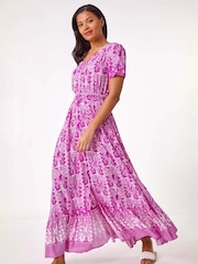 Roman Pink Printed Shirred Waist Maxi Dress - Image 4 of 5