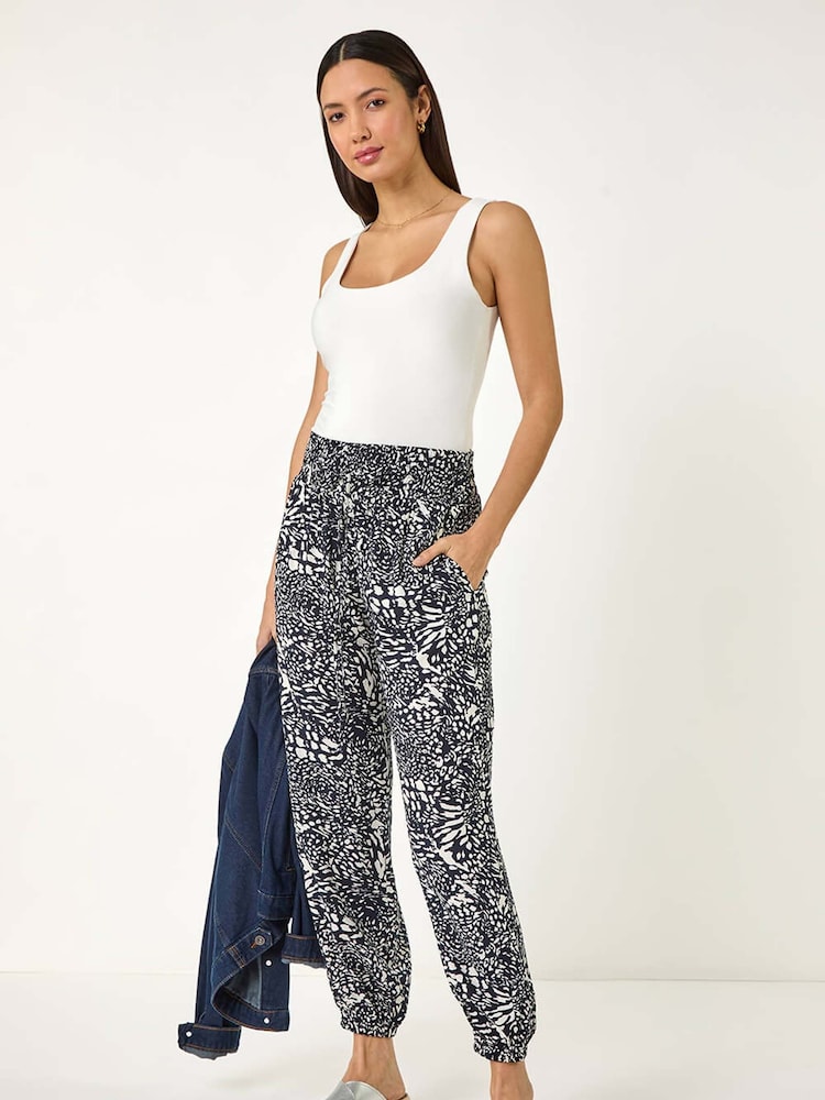 Roman Blue Abstract Animal Print Tie Waist Trousers - Image 2 of 5