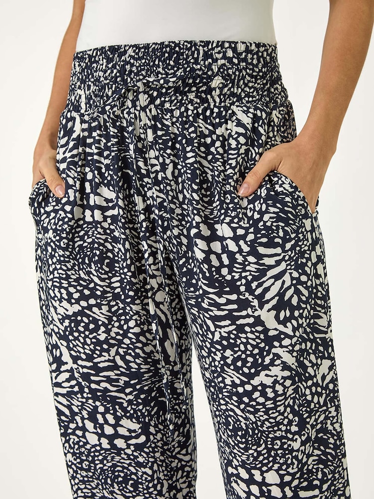 Roman Blue Abstract Animal Print Tie Waist Trousers - Image 5 of 5