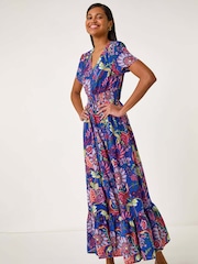 Roman Blue Rose Print Button Detail Maxi Dress - Image 1 of 5
