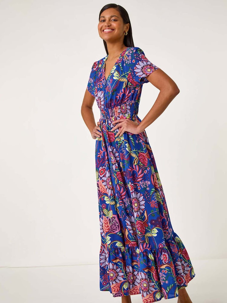 Roman Blue Rose Print Button Detail Maxi Dress - Image 1 of 5