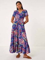 Roman Blue Rose Print Button Detail Maxi Dress - Image 3 of 5