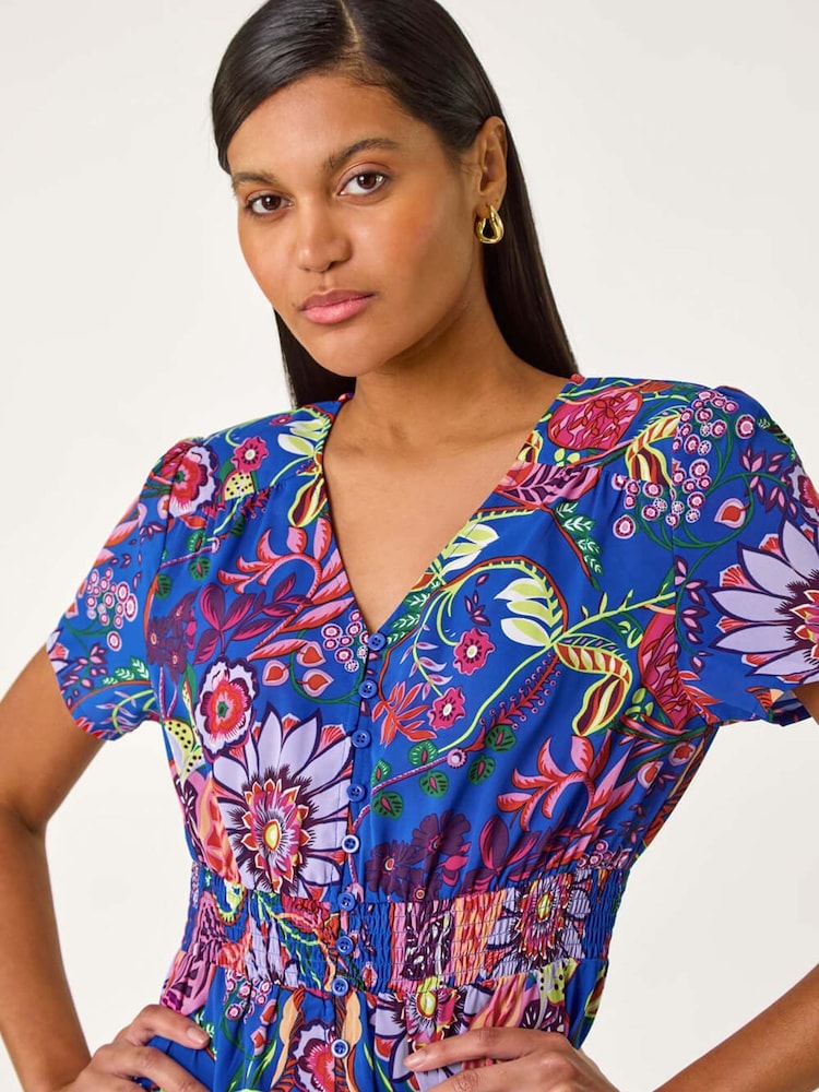 Roman Blue Rose Print Button Detail Maxi Dress - Image 4 of 5